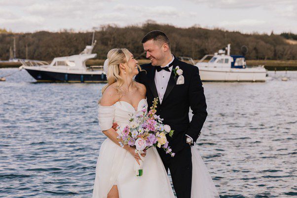 Bride and Groom with hired flowers